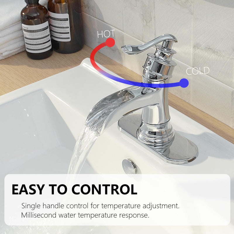 BATHLAVISH Polished Chrome Waterfall Bathroom Faucet, Single Handle Bathroom Sink Faucet 1 Hole or 3 Hole, Vanity Sink Faucet for Vintage Antique Lavatory Washroom with Pop Up Drain, Deck, 2 Hoses - Image 3